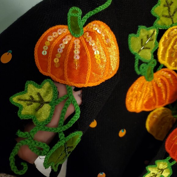 Vintage 90s Festive Pumpkin Embroidered 3/4 Sleeve Cardigan Sweater Halloween - Picture 6 of 12